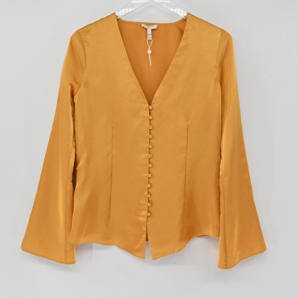 Joie Madora Bell Sleeve Top Womens Size S Gold Mustard V-Neck Satin Look Blouse